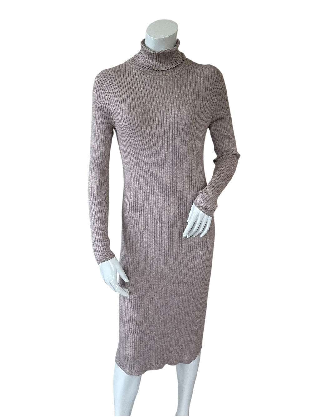 Peruvian Connection Taupe Brown Ribbed Pima Cotton Turtleneck Midi Dress Medium - Picture 2 of 6